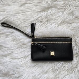 Dooney & Bourke Black Leather Double-Zip Wristlet with Tassels
